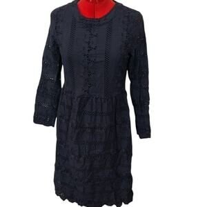 Roolee Navy Blue Long Sleeve Cotton Eyelet Fit Flare Modest Dress Size Medium